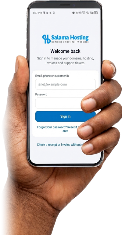 The Salama Hosting app's sign-in screen on an Android phone